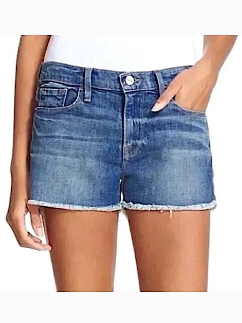 FRAME Le Cutoff Denim Shorts in Blue Grand Canyon Wash with Raw Hem